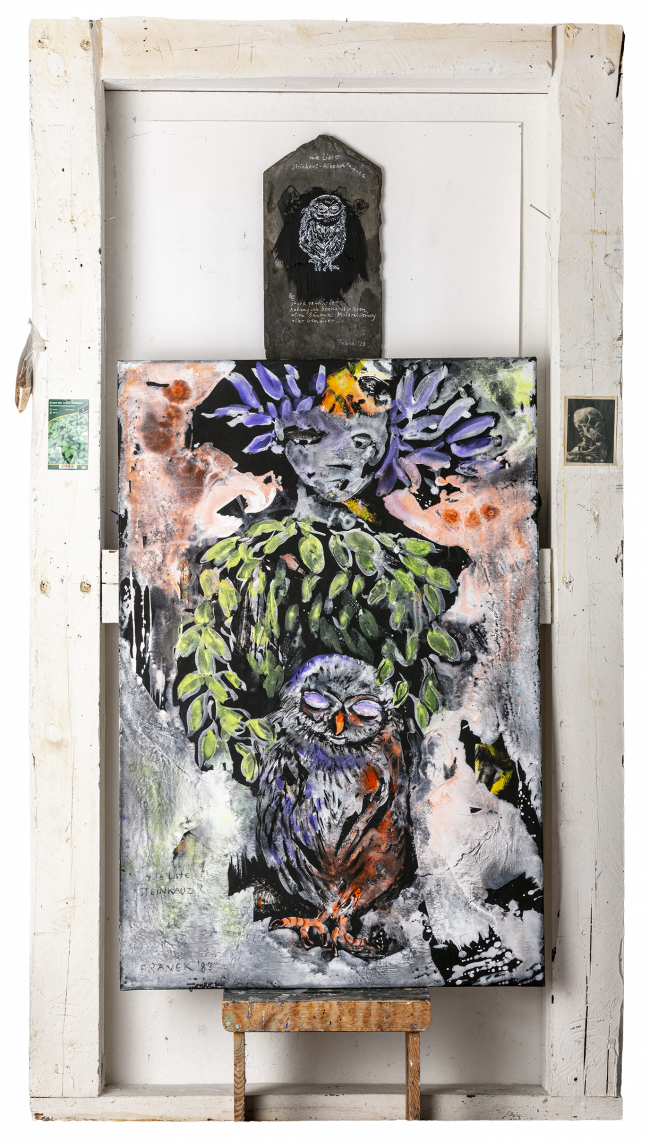 Installation: Mandrake 4 (little owl) and drawing on slate tile
